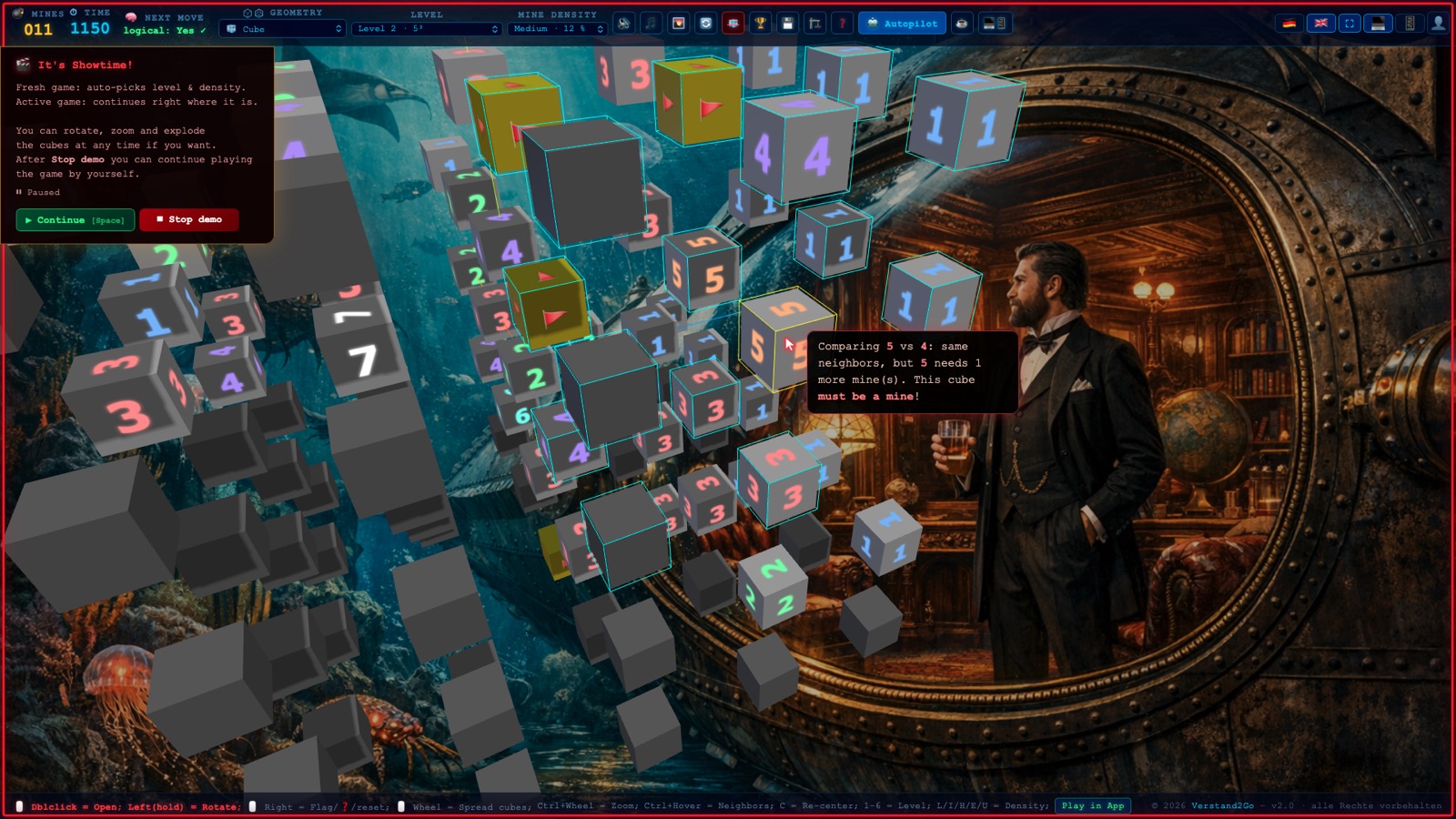 Minesweeper 3D autopilot explaining a logical deduction: this cube must be a mine