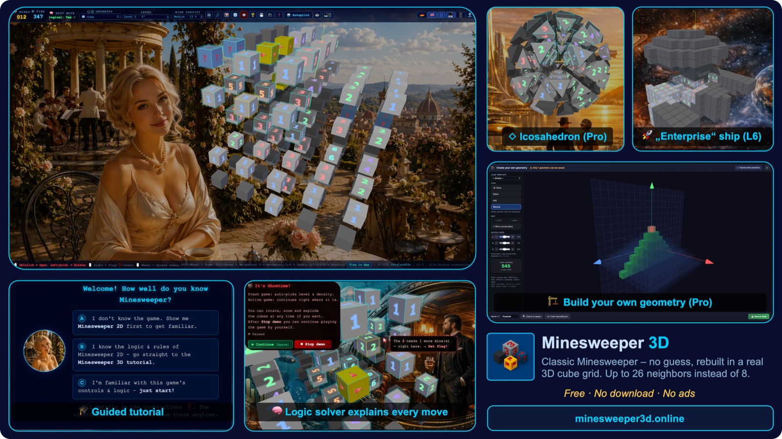 Minesweeper 3D collage: 3D cube grid, icosahedron, Enterprise ship, custom geometry editor, guided tutorial and logic solver