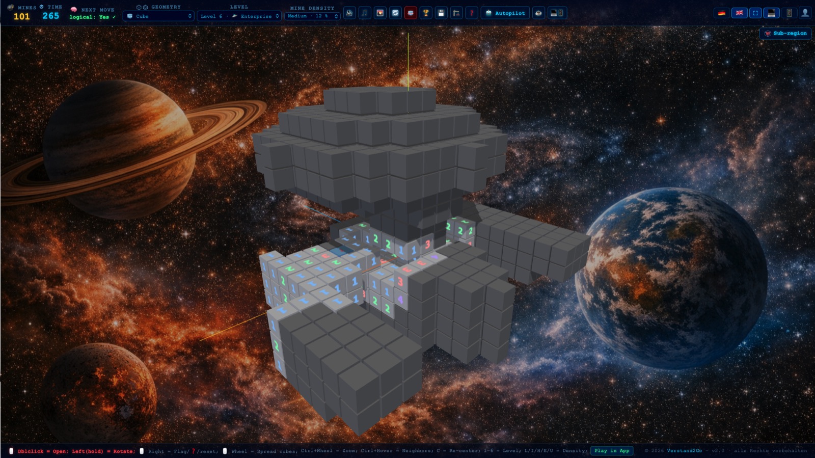 Minesweeper 3D Enterprise level: cubes arranged in the shape of the NCC-1701 starship in front of a planet