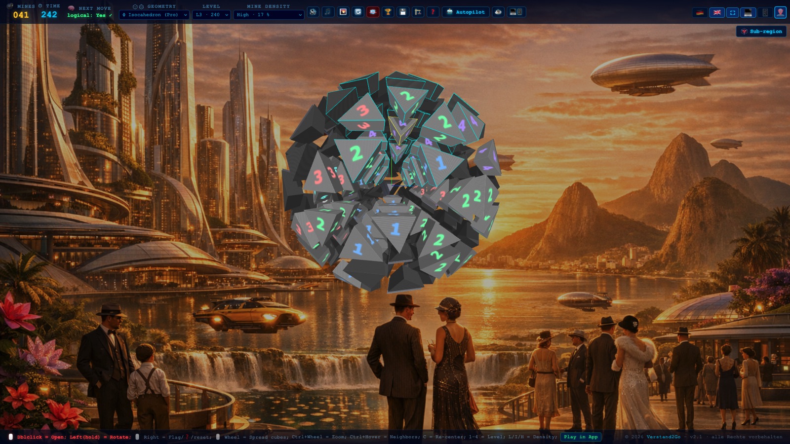Minesweeper 3D icosahedron level: nested spherical shells of numbered cells, solvable without guessing